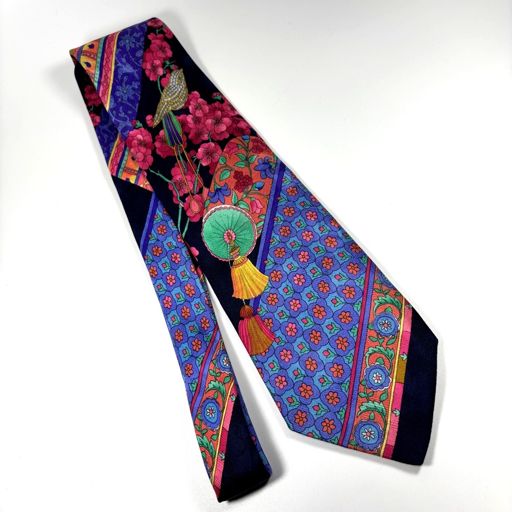 Leonard Paris Mens Luxury Tie Vibrant Japanese Floral & Bird Silk Necktie